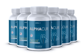 Alphacur supplement bottle with a golden shield icon, representing immune system protection and cellular defense through Curcumin.
