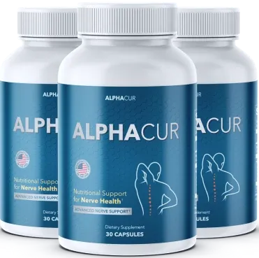 Alphacur dietary supplement bottle, featuring an advanced formula with Curcumin and Hyaluronic Acid to support nerve health and skin vitality