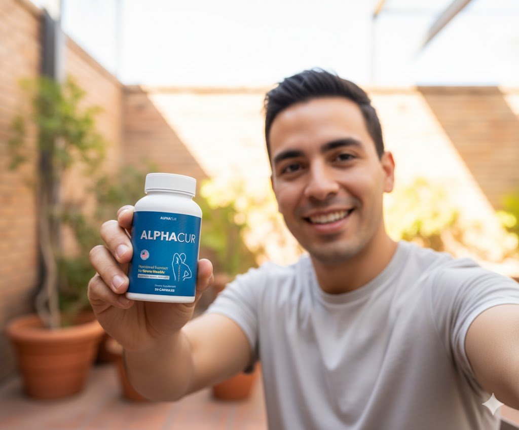 A smiling person holding an Alphacur bottle, representing customer satisfaction and the benefits of natural vitality support.